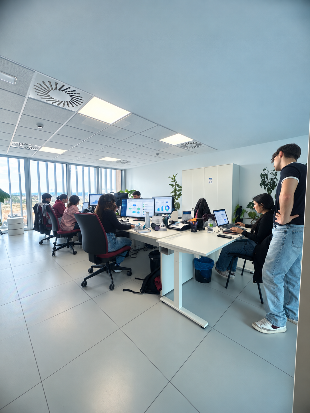 Equipo de una pyme trabajando con paneles de automatización y analítica de datos